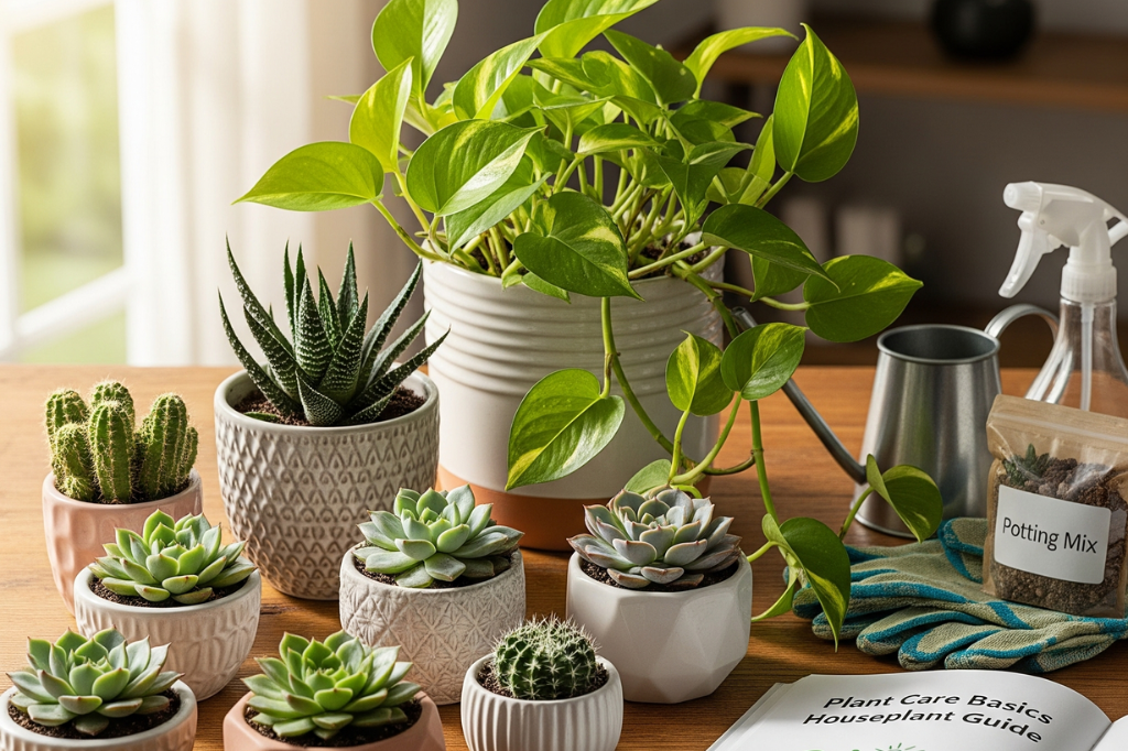 Um grupo de plantas de interior saudáveis, incluindo suculentas e uma Jiboia, dispostas em diferentes vasos sobre uma mesa de madeira, ilustrando o tema de como começar a cuidar de plantas.