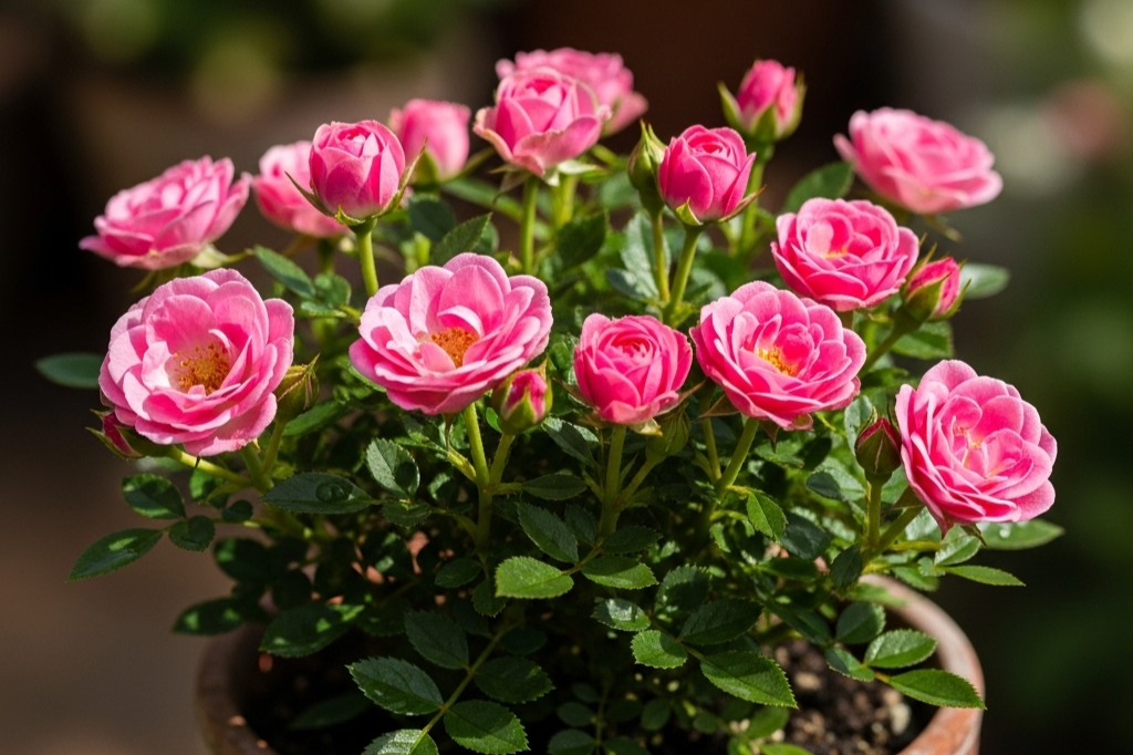foto detalhada de uma mini roseira em um vaso, com flores rosas e folhas verdes saudáveis.