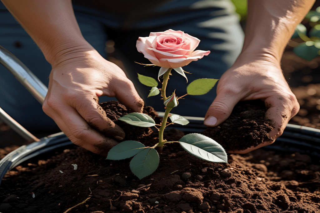 Rosa ganhada plantada em vaso, com folhas verdes e um botão de flor se formando. Detalhe de mãos com luvas de jardinagem.