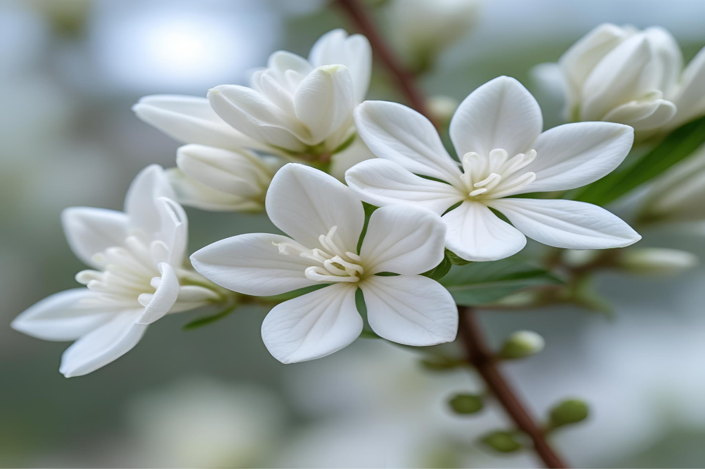 Foto de uma flor de jasmim branca, em close, com um fundo desfocado. As pétalas são delicadas e o centro da flor se destaca. A imagem transmite paz e pureza, representando o flor jasmim significado espiritual.