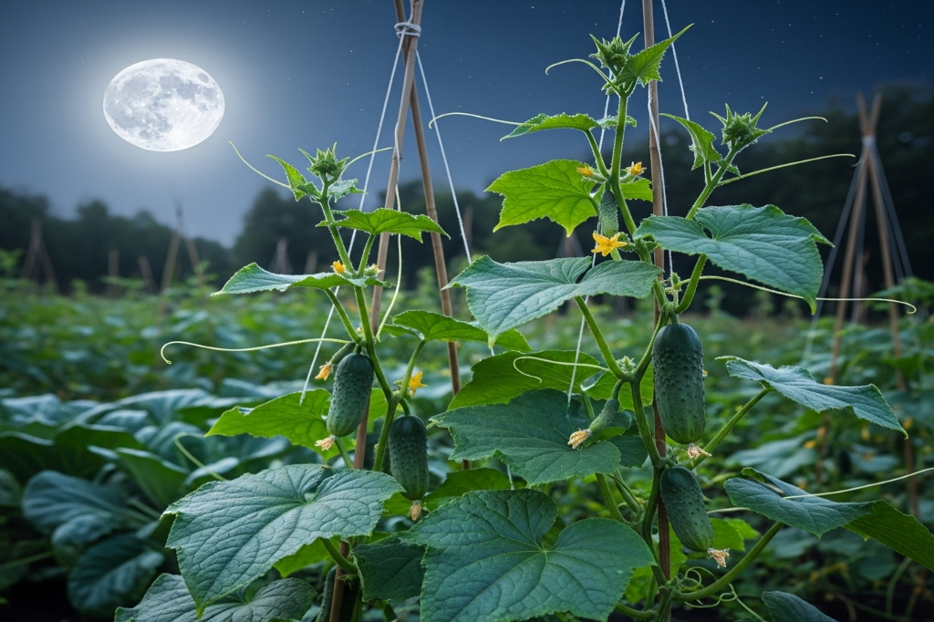 Plantação de pepino em uma horta, mostrando os frutos verdes e as folhas. O texto se foca em qual a melhor lua para plantar pepino, mostrando a planta em um ambiente natural.