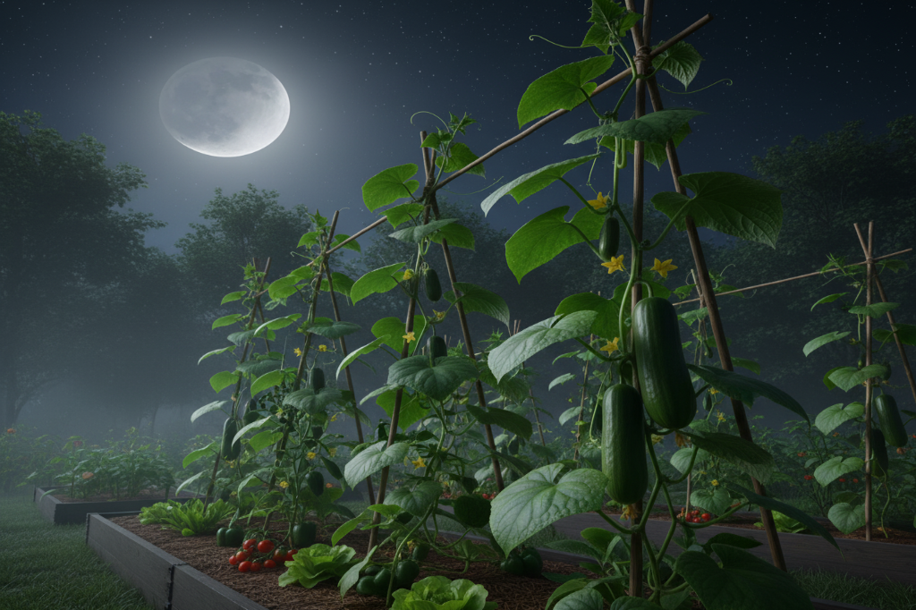 Plantação de pepino em uma horta, mostrando os frutos verdes e as folhas. O texto se foca em qual a melhor lua para plantar pepino, mostrando a planta em um ambiente natural.