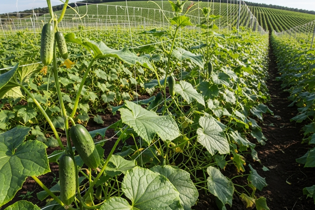 Plantação de pepino em uma horta, mostrando os frutos verdes e as folhas. O texto se foca em qual a melhor lua para plantar pepino, mostrando a planta em um ambiente natural.