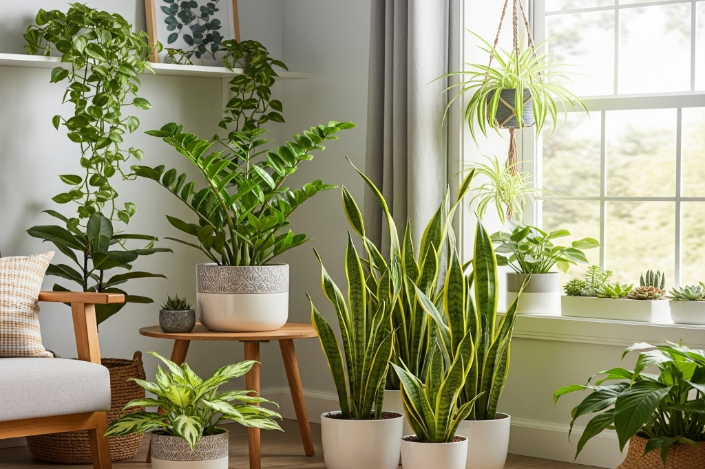imagem de diversas plantas para apartamento fáceis de cuidar, como zamioculca e espada-de-são-jorge, dispostas em uma sala iluminada.
