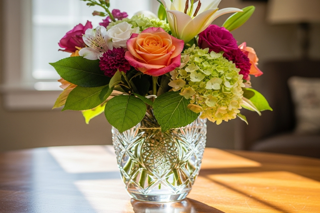 Vaso de vidro decorativo com arranjo floral em uma mesa, refletindo a luz natural.