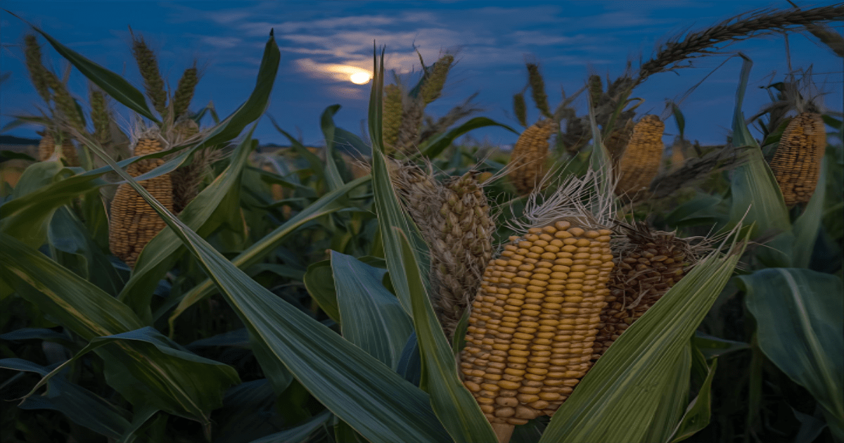 Uma foto vibrante de um campo de milho maduro, com espigas grandes e cheias, sob a luz de uma lua cheia no céu noturno. A cena evoca prosperidade e uma colheita bem-sucedida.