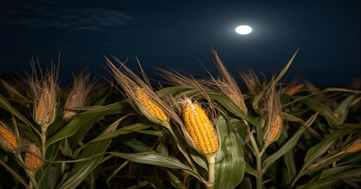 Uma foto vibrante de um campo de milho maduro, com espigas grandes e cheias, sob a luz de uma lua cheia no céu noturno. A cena evoca prosperidade e uma colheita bem-sucedida.
