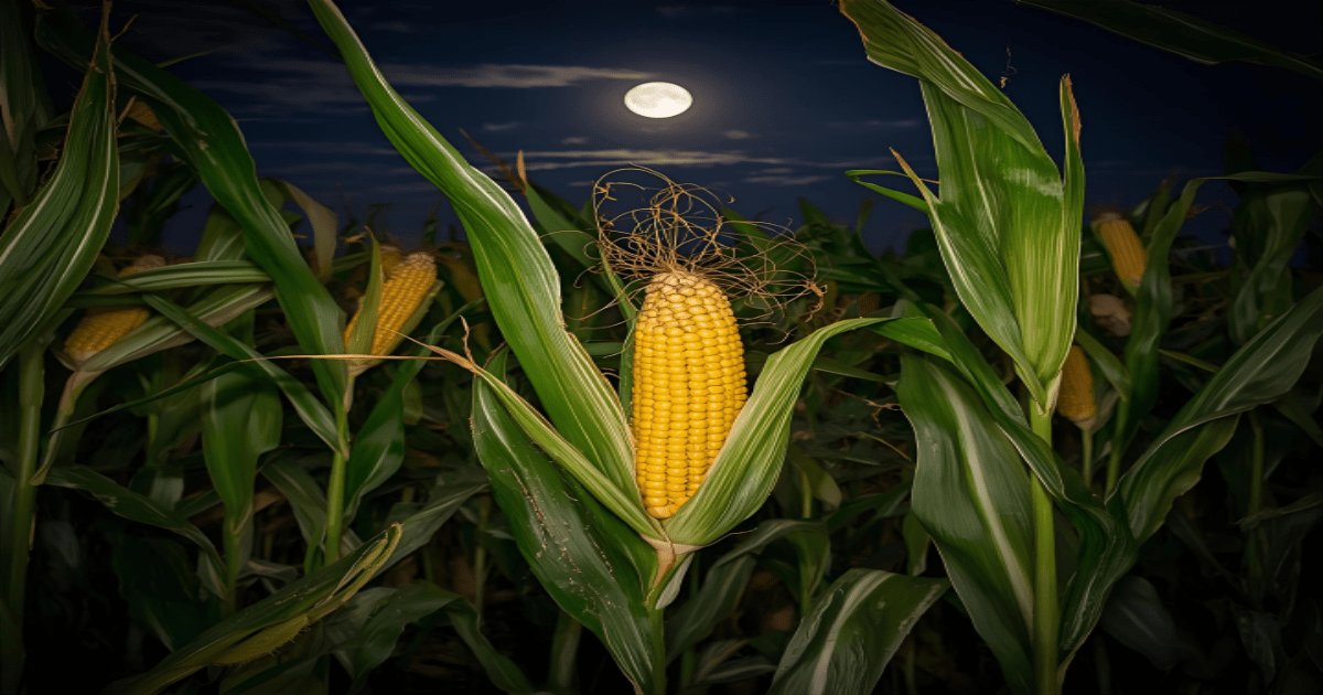 Uma foto vibrante de um campo de milho maduro, com espigas grandes e cheias, sob a luz de uma lua cheia no céu noturno. A cena evoca prosperidade e uma colheita bem-sucedida.