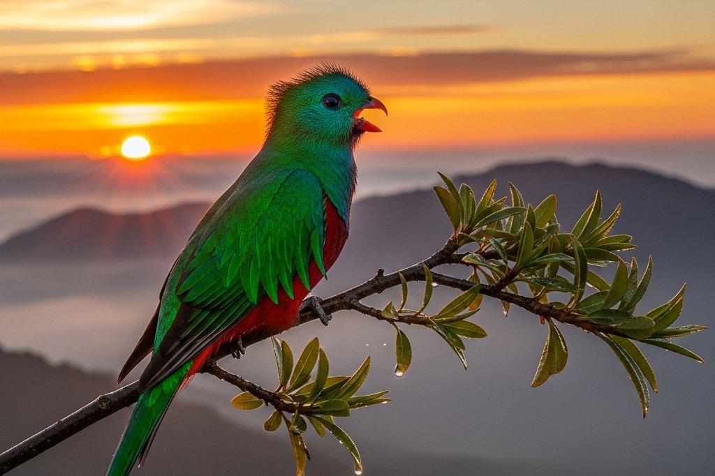 Um pássaro colorido cantando em um galho, com o sol nascendo ao fundo. O pássaro representa a alegria, a liberdade e a esperança de sonhar com pássaro cantando.