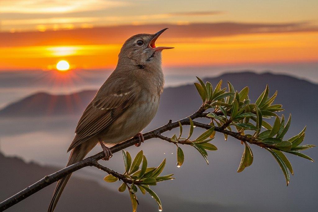Um pássaro colorido cantando em um galho, com o sol nascendo ao fundo. O pássaro representa a alegria, a liberdade e a esperança de sonhar com pássaro cantando.