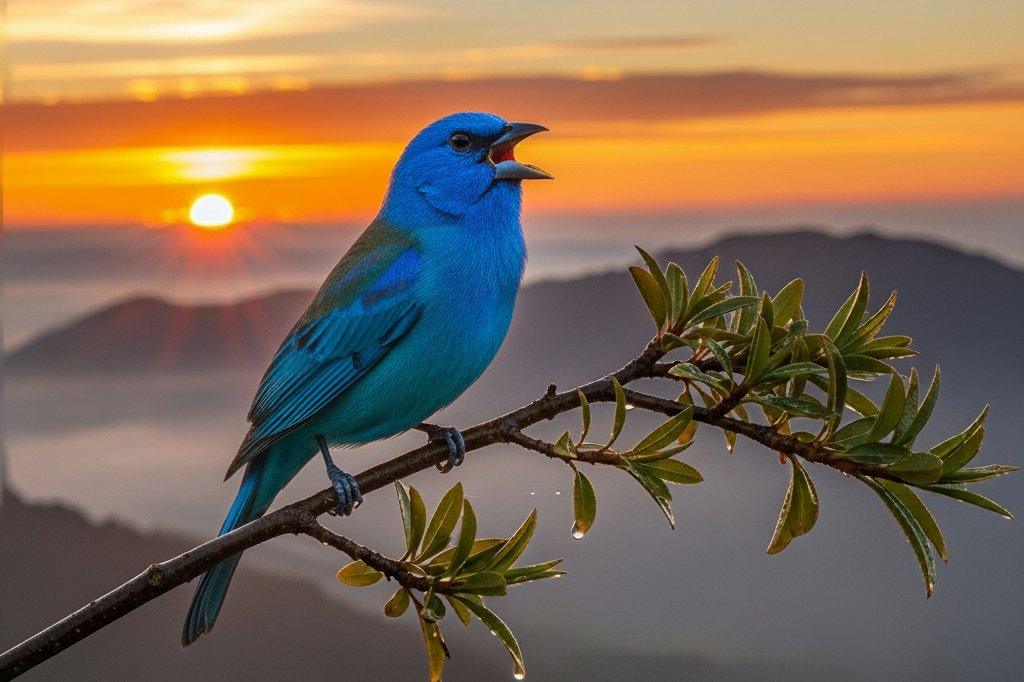 Um pássaro colorido cantando em um galho, com o sol nascendo ao fundo. O pássaro representa a alegria, a liberdade e a esperança de sonhar com pássaro cantando.